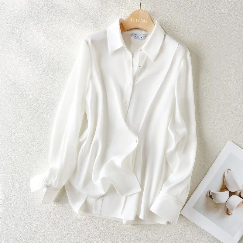 

Satin White Women's Shirts Summer 2023 New Silk Solid Blouses Loose Long Sleeves Ladies Clothing Polo-neck Tops YCMYUNYAN