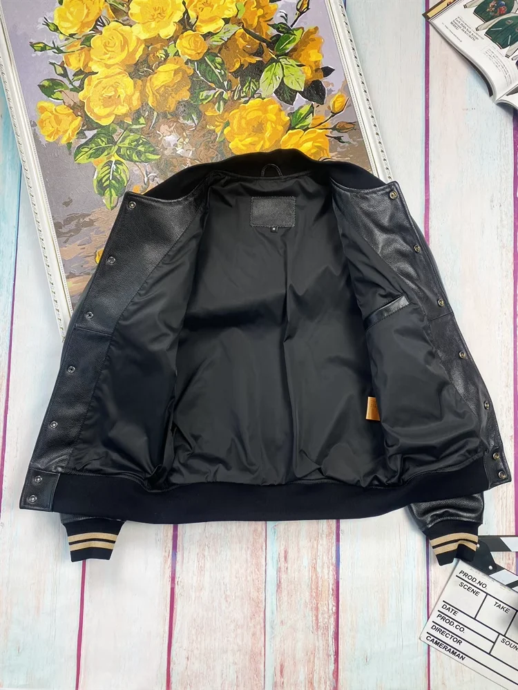 Men Leather Jacket First Layer Cowhide Casual Baseball Uniform Embroidered Loose Top