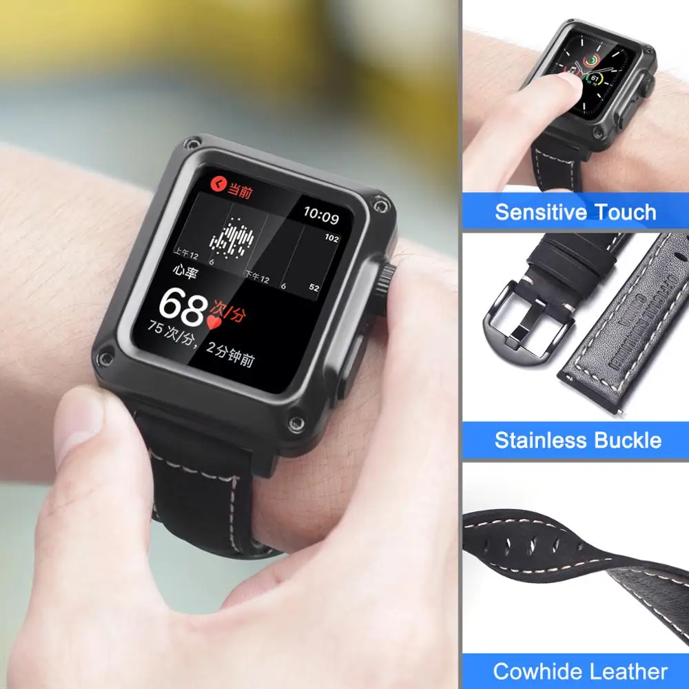 Leather Strap+Case For Apple Watch 6 5 4 SE 44mm 40mm Metal stainless steel protective glass case For iWatch 3 42mm 38mm Correa