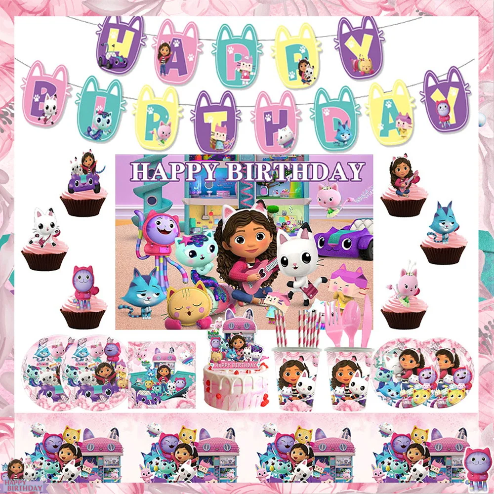 Gabby Dollhouse Decorazioni Per Feste Di Compleanno New Pink Gabby Suger Forniture Per Gatti Piatti Tovaglioli Tazze Palloncini Sfondo Baby Shower