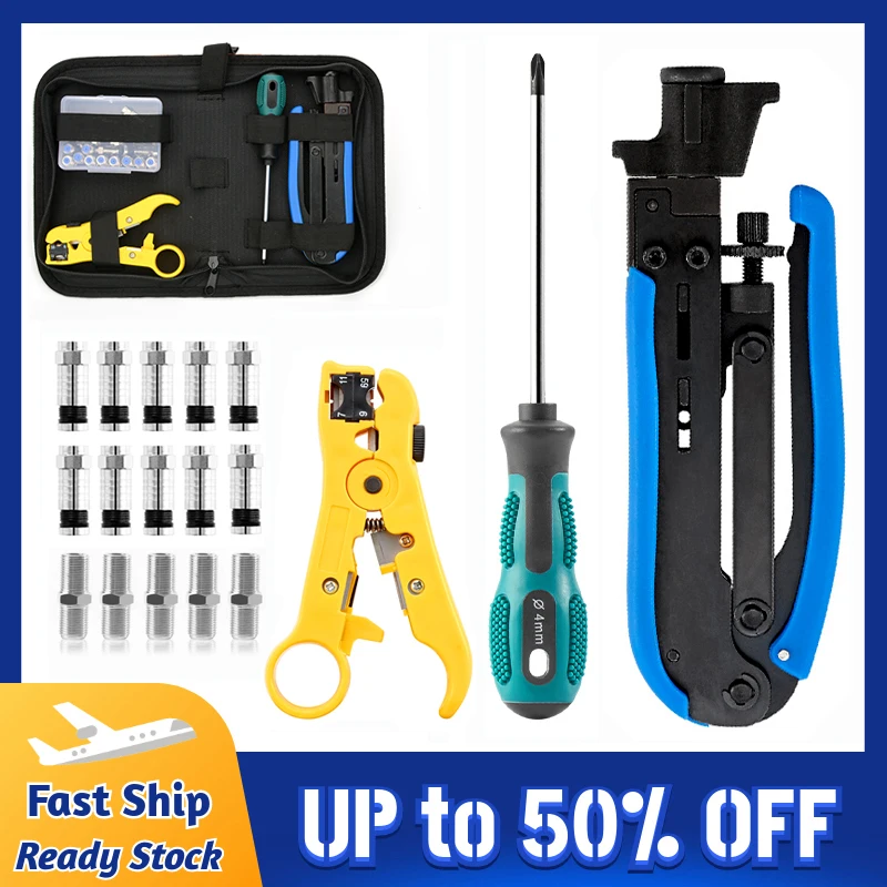 

Coaxial Cable Crimping Pliers Set Wire Stripping Tool Kit RG6/RG59 TV Cold Compression F Connectors Crimper Tools