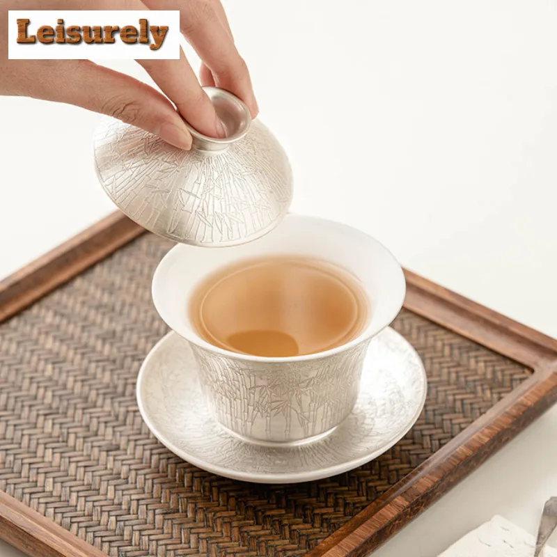Luxury 999 Gilded Silver Green Bamboo Tea Set Complete Set Aesthetic Tea Ceremony Set Teapot And Tea Cup Set Chinese Teaset Gift