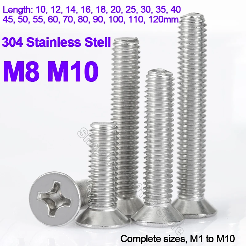 

M8 M10 304 Stainless Steel Cross Phillips Flat Countersunk Head Screw Bolts Length 10,12,14,16,18,20,25,30,35,40,45,50,55-120mm