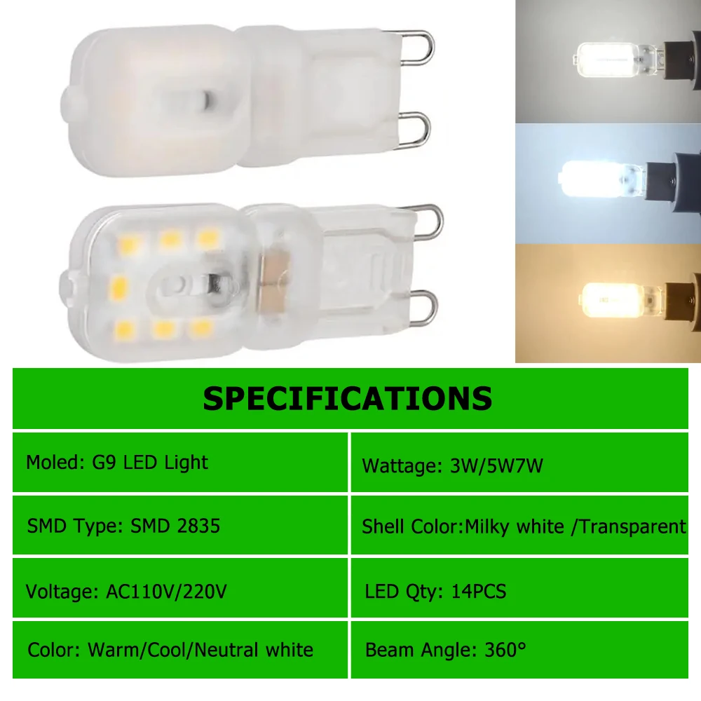 Фото Диммируемая светодиодная лампа G9, 3 Вт, 5 Вт, 7 Вт, 2835SMD, 14 светодиодов, 22 светодиода, 32 светодиода, светодиодные лампочки 110 В, 220 В, прозрачная/молочно-белая лампа для дома, 10 шт./партия №3