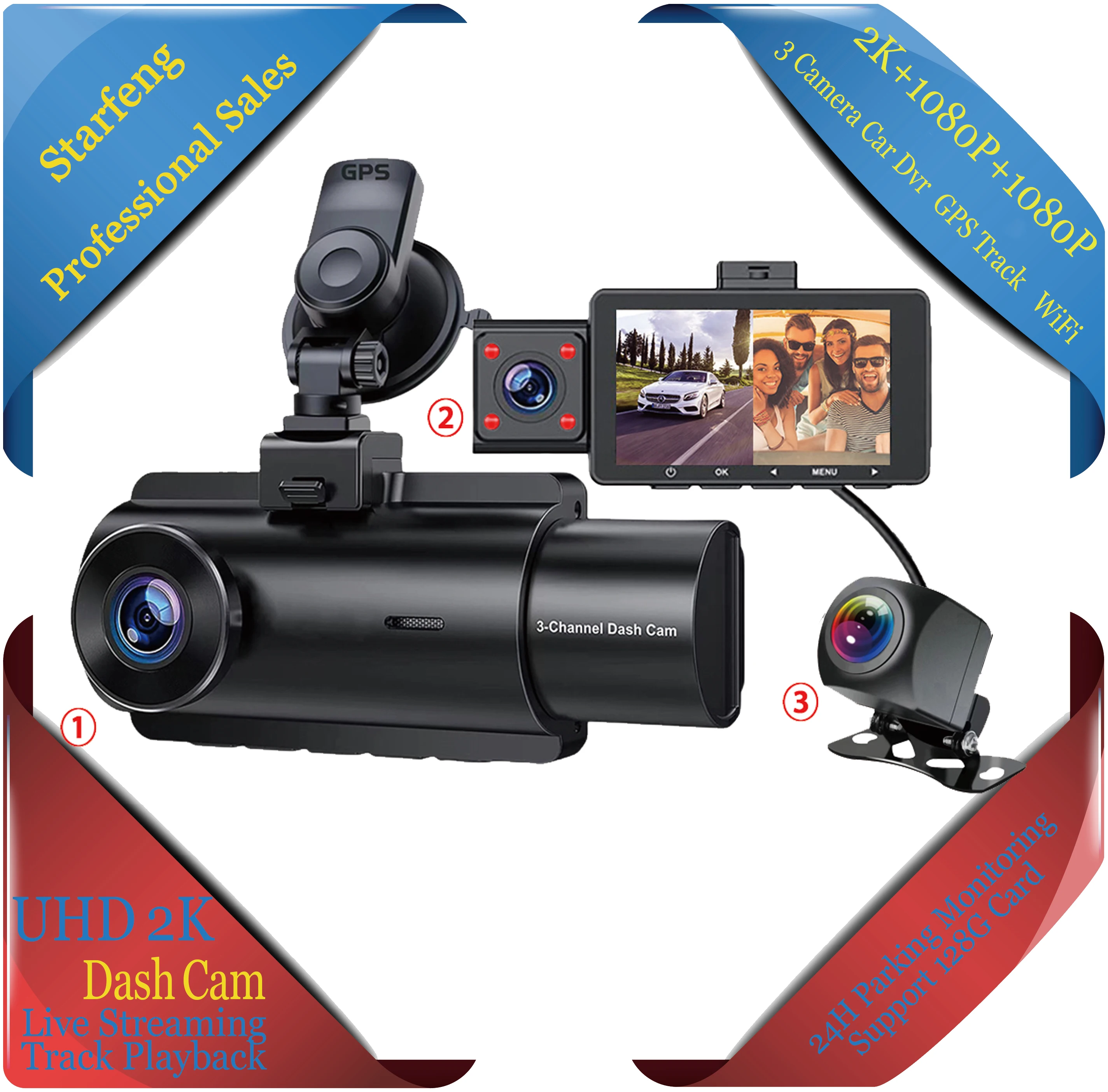 Dash Cam 3*Lenses Front Inside Rear Three Way Car Dash Camera, 2K+1080P Dual Channel With GPS WiFi IR Night Vision Camcorder