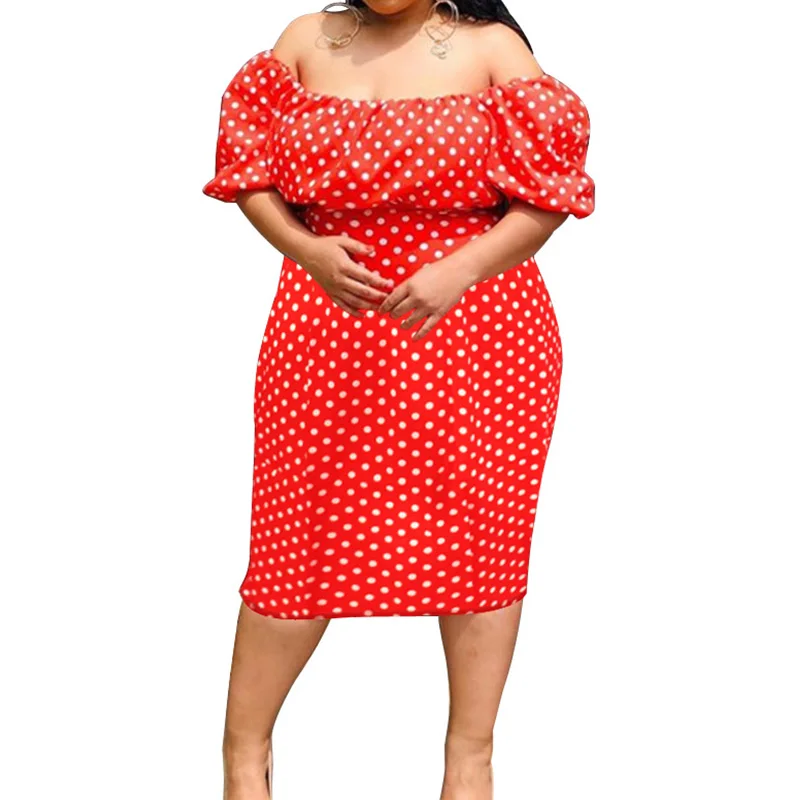 Spring Summer Bohemian Polka Dot Printing Sexy One Word Collar Puff Three Quarter Sleeve Plus Size Mid-calf Dress for Women