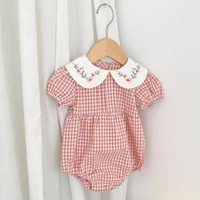 2024 Toddler Baby Girls Rompers Embroidery Bodysuit Girls Jumpsuits Princess Girls Pink Grid Rompers Toddler Summer Clothing 1