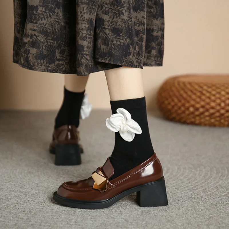 Square Heels Black Fashion Leather Casual Ladies Summer