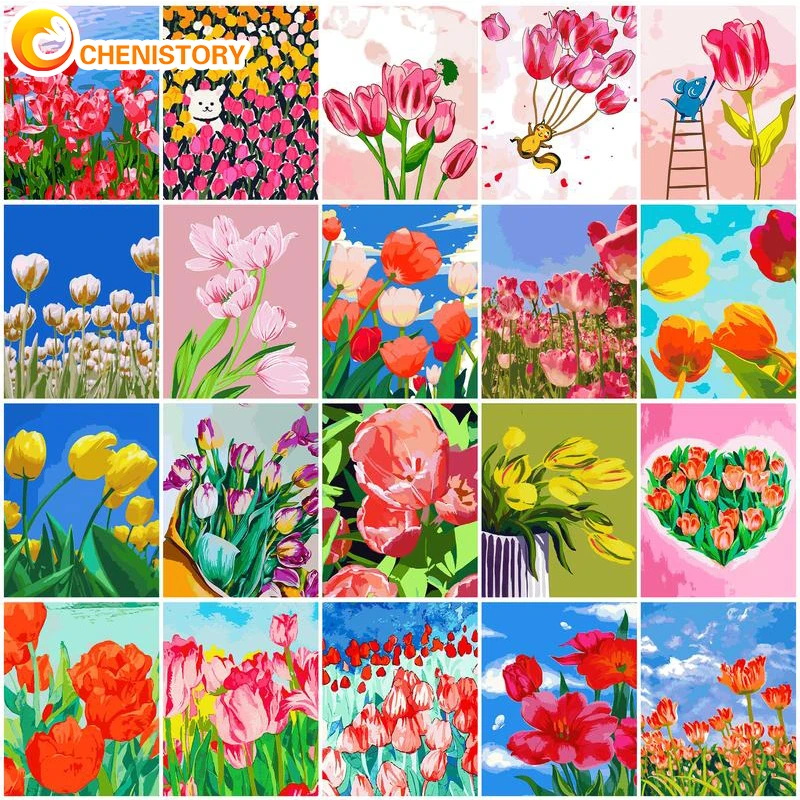 

CHENISTORY DIY Painting By Number Kit With Frame For Adult Tulip Landscape HandPainted Acrylic Paints Flower For Painting Gift