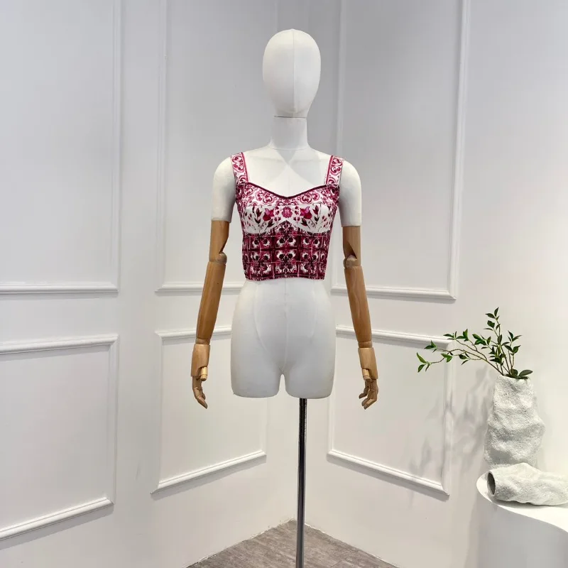 

2023 New Top Quality Women Red Flora Print Folds Sleeveless Slim Tops and A-Line Skirts Set