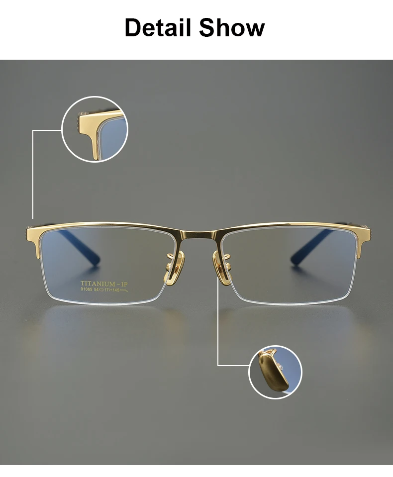 2026 Herren Business Reintitan-Brillengestell Modische Eckige Halbrandbrille 91065 Einzigartiges Design Goldfarbene Brillen Oculos – Detail 6
