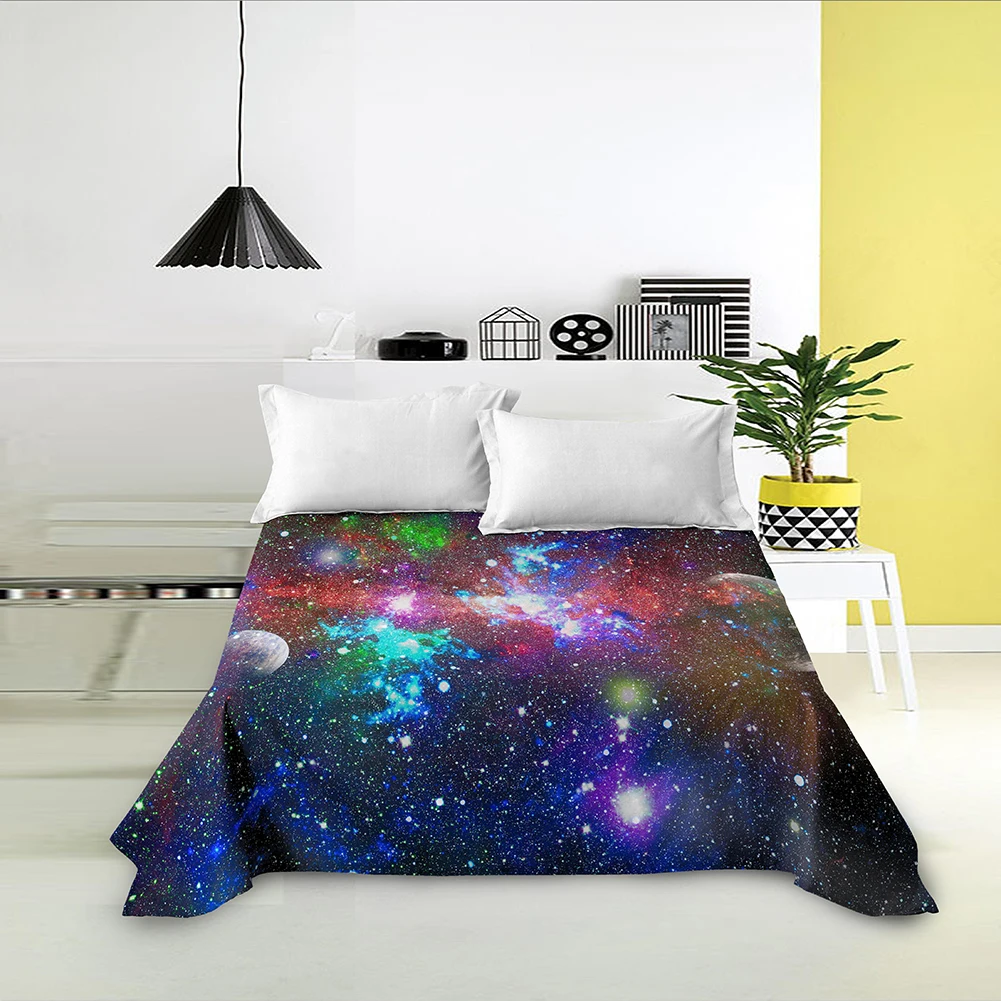 Galaxy Space Print King Queen Flat Sheet 3D Starry Sky Bedding Sheet Universe Soft Polyester Bedding Linen for Boys Teens Adults 5