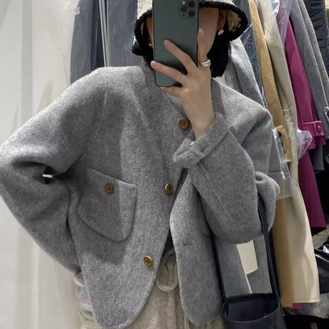 

Woman Short Grey Woolen Jacket Coat 2024 New Arrival