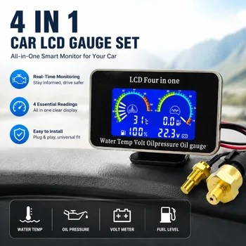 Strumento combinato LCD universale per la modifica dell'auto, monitor 4-in-1 che monitora pressione dell'olio, livello del carburante, temperatura dell'acqua, tensione della batteria.