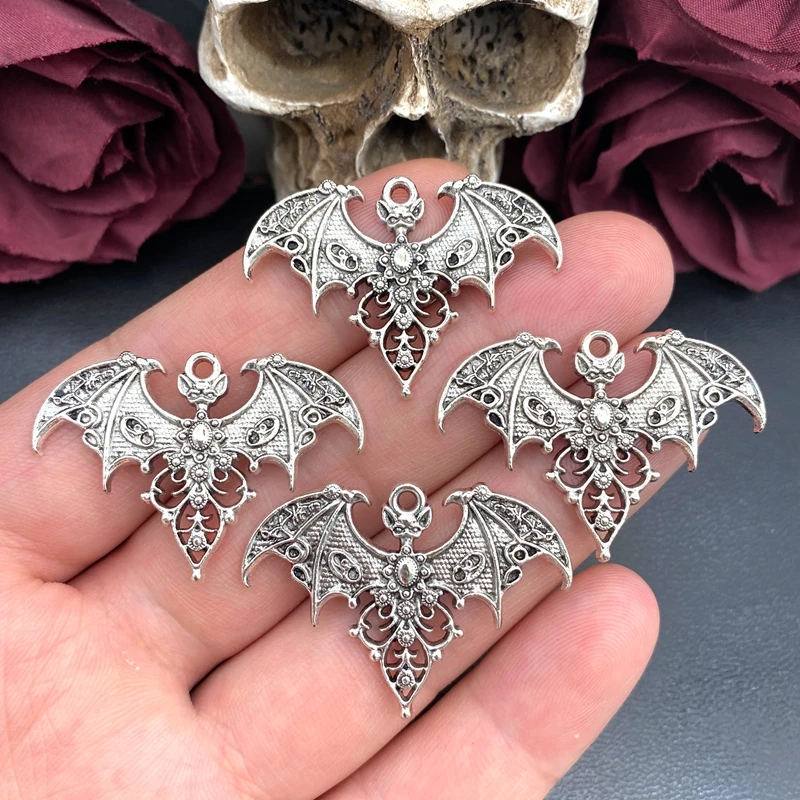 5 Stück Gothic-Vampirfledermaus-Anhänger, antikes Silber, barocker Fledermaus-Anhänger für Halsketten, Ohrringe, DIY-Halloween-Schmuckzubehör
