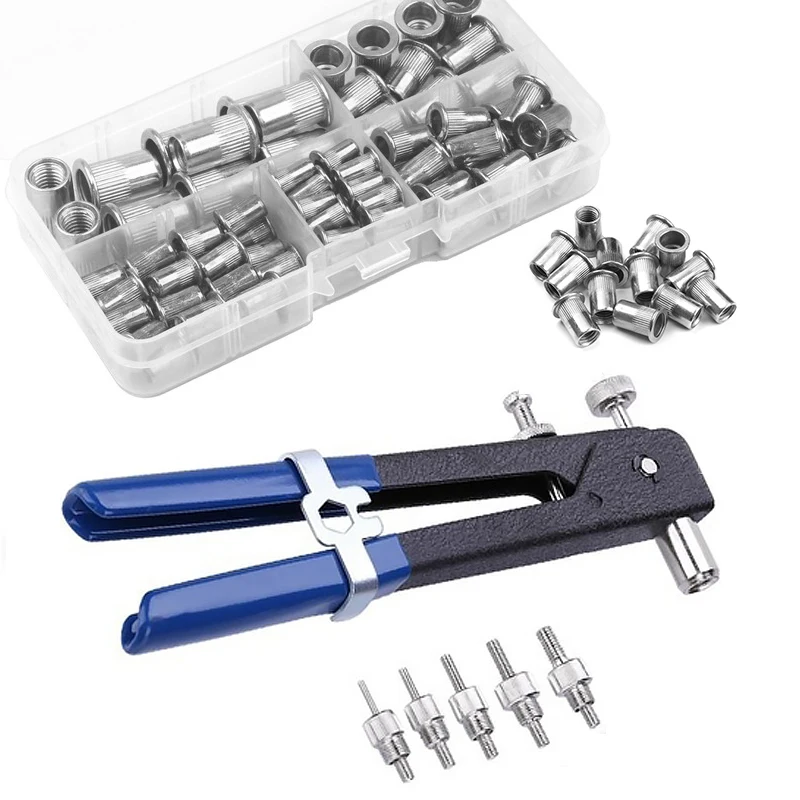100pcs M3-M8 Aluminum Multi Flat Head Metric Thread Blind Rivet Nut Insert Rivnut Nutsert Screw Nut Gun Tool Kit With Box