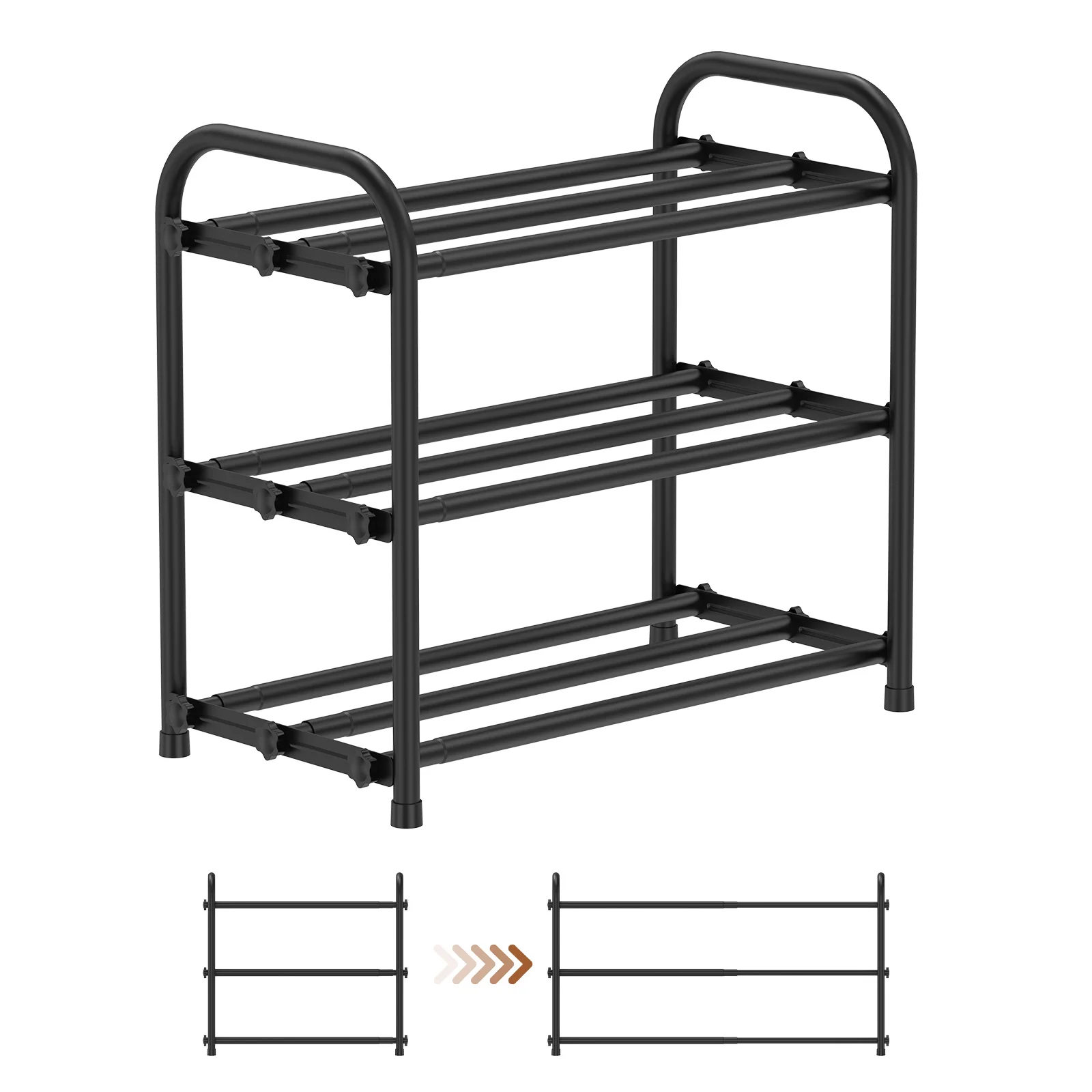 3 Tiers Expandable Metal Shoe Rack Household Multi-storey Telescopic Shoe Storage Shelf for Entryway Hallway Door Space Saving