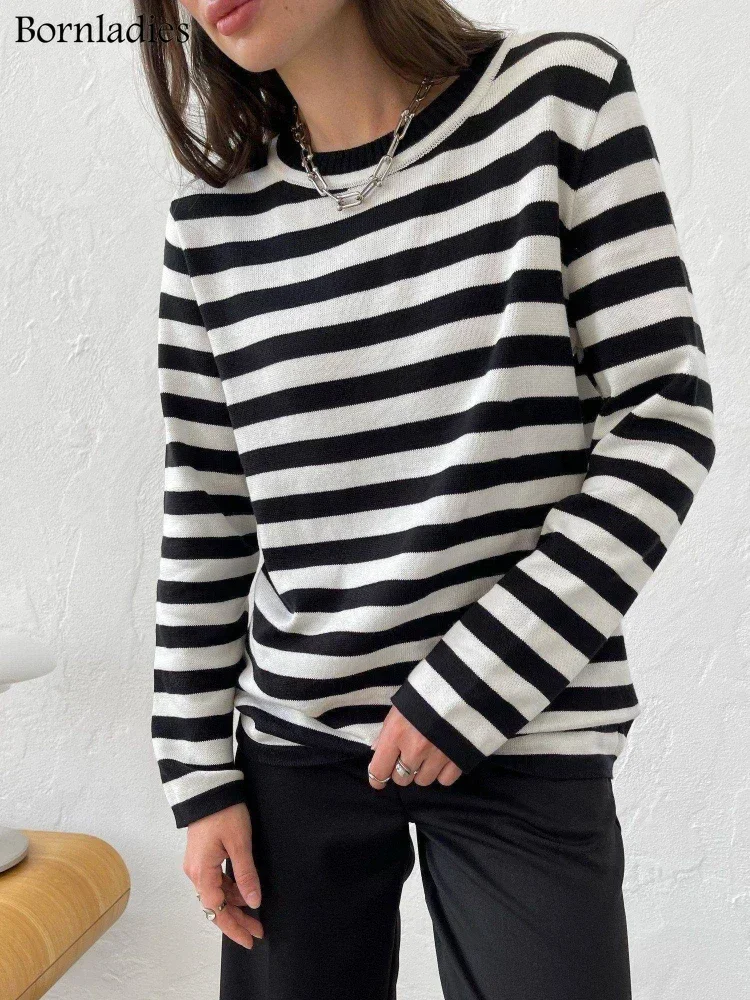 Bornladies Knitted Stripe Sweater Women 2025 Autumn Winter Loose Casual Thick Pullovers Female Warm Long-sleeved Round Neck Tops