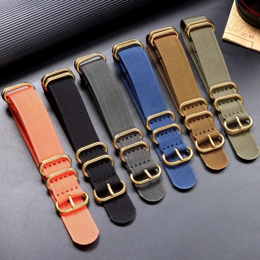 Versatile Ribbed Nylon Watch Strap with Silver, Black, and Gold Ring Buckle