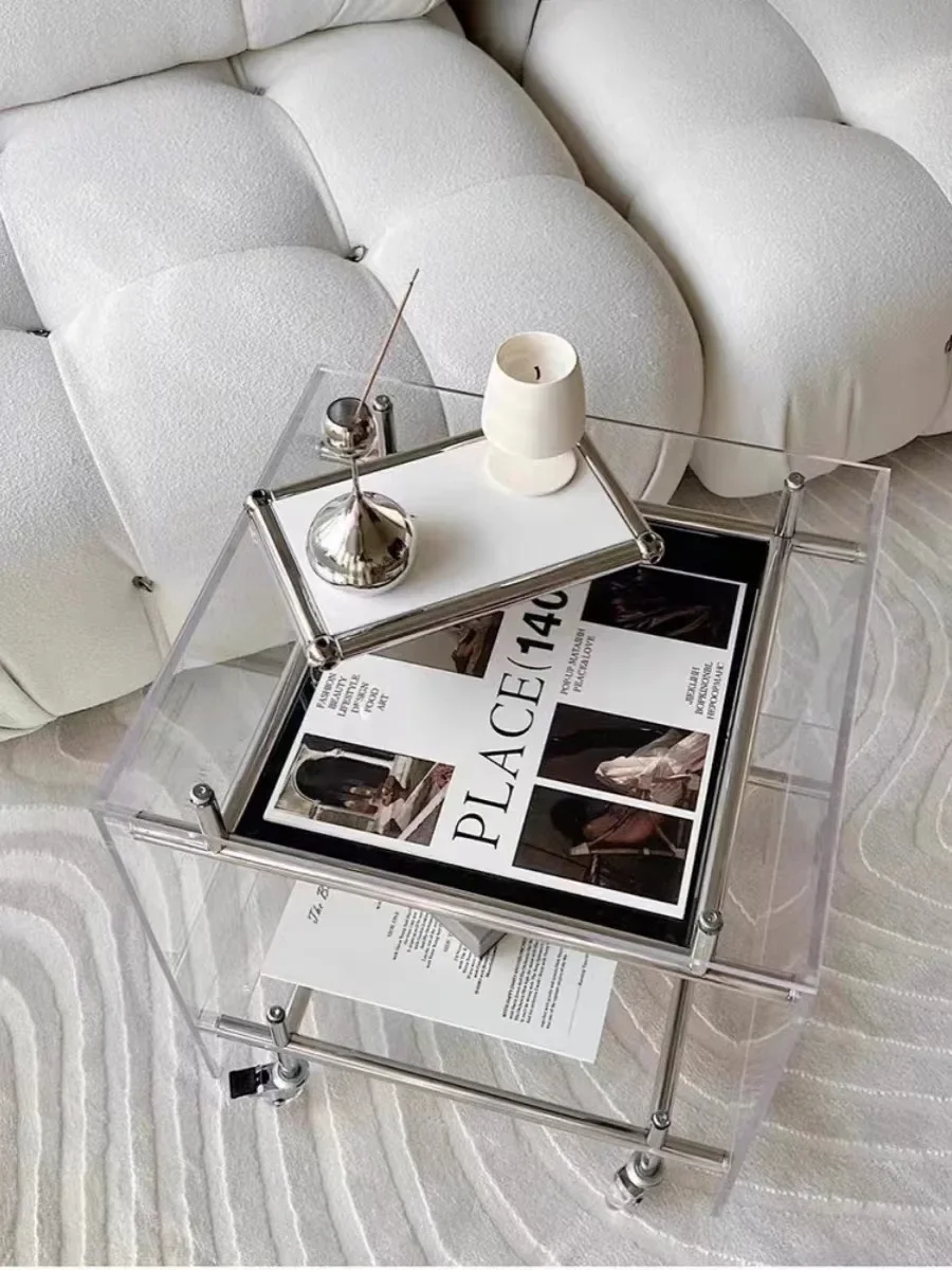 Description Picture 2 of itemIns Style Coffee Table Acrylic Tea Table for Living Room Glass Side Table Storage Cabinet Trolley with Wheels Home Furniture
