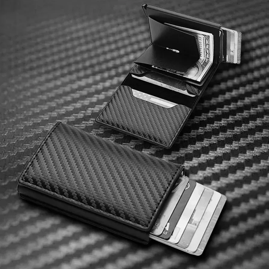 Carbon Fiber Wallet Men's RFID Blocking Card Holder Automatic Pop-Up Anti-Theft ID Credit Card Case