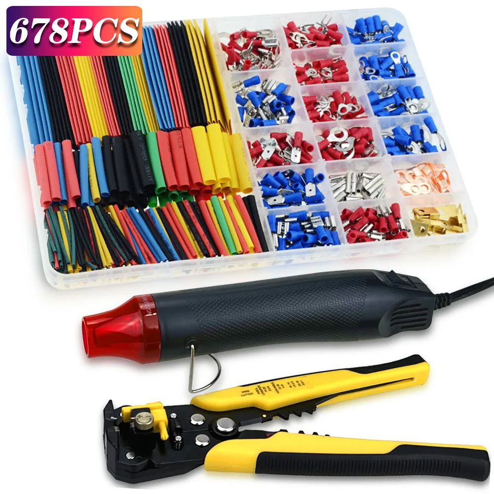 678PCS ท่อหดความร้อน Sleeving ชุดขั้วต่อสายไฟฉนวนแหวนส้อมชุดแหวน Lugs รีด CRIMP พร้อมคีม 1