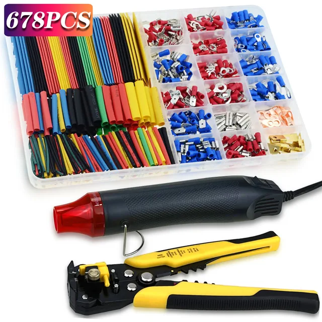 678PCS ท่อหดความร้อน Sleeving ชุดขั้วต่อสายไฟฉนวนแหวนส้อมชุดแหวน Lugs รีด CRIMP พร้อมคีม 1