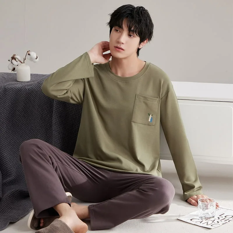 Men Pure Cotton Pajamas 2024 Spring Autumn Long Sleeve Casual Large Size Homewear Suit Teenagers Round Neck Simple Sleepwear Set 100% cotton pajamas spring autumn women long sleeve cardigan simple fashion homewear suit female large size v neck sleepwear