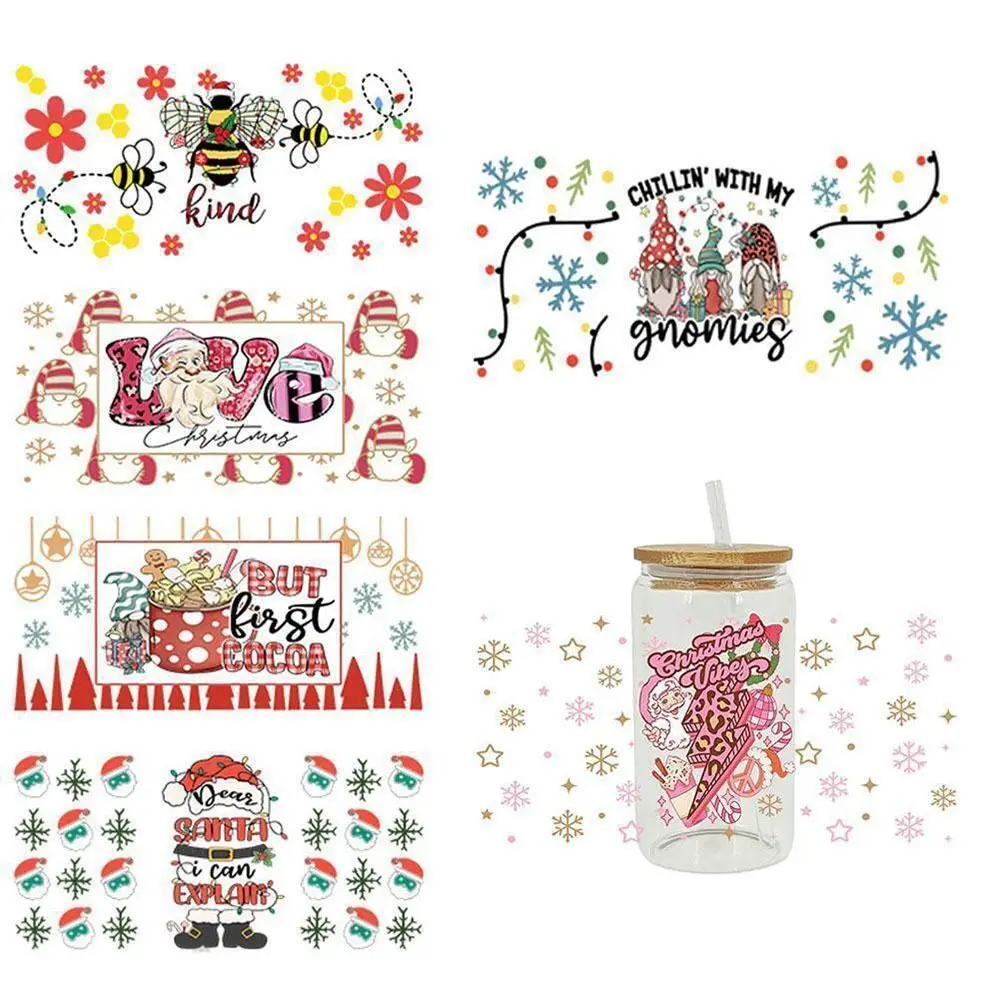 

Xmas Pattern UV DTF Transfer Sticker Vibrant Colors Strong Adhesion Glass Cups Sticker Wide Application Waterproof