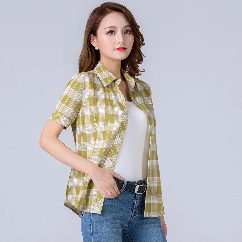 2024 Summer New Fashion Plaid Short Sleeve Shirt Women Summer Blouse Shirt Casual Cotton Tops Fresh Girl Summer Clothing Shirt
