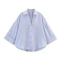 Summer Women's Curled Wide Sleeves Linen Blended Striped Asymmetric Casual Shirt Versatile Collar Linen Blended Printed Shirt - Image 3