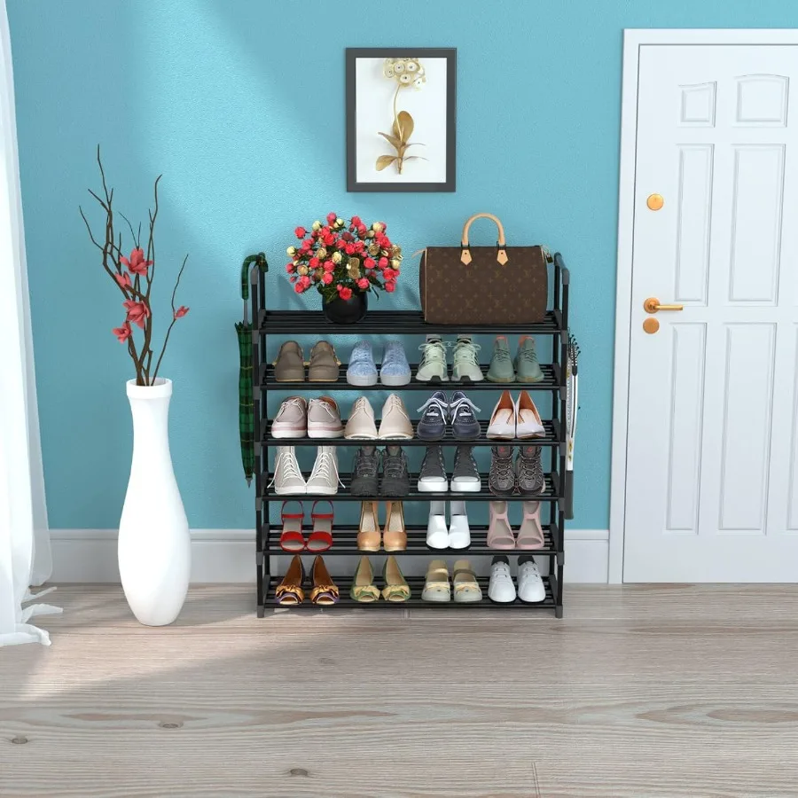 6 Tiers Metal Shoe RackAdjustable Shoe Shelf Storage Organizer with Hooks Stackable Boot Shoe Storage for Entryway Hallway Clos