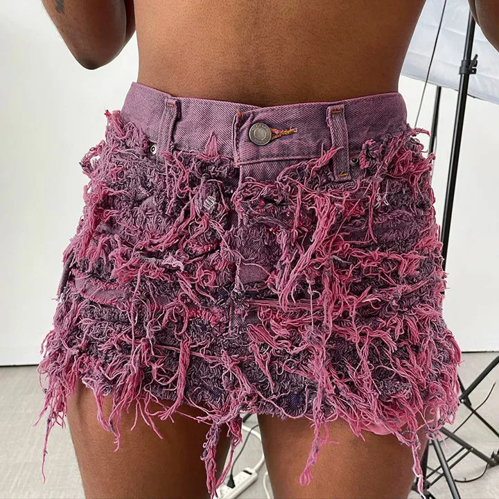 

Women's 2023 Summer New Bright Tassel Tight Bulletless Denim Short Skirt Women Casual Ripped Jeans Shorts Skirt