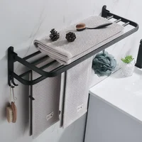 Porte-Serviettes Mural en Aluminium Noir – Support Pliable sans Perçage avec Crochets et Étagère 4