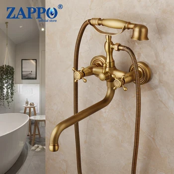 ZAPPO Code ทองเหลืองโบราณอ่างอาบน้ำก๊อกน้ำ Wall Mount น้ำตกอ่างร้อนเย็น ABS Handshower Tap อาบน้ำแตะ 1