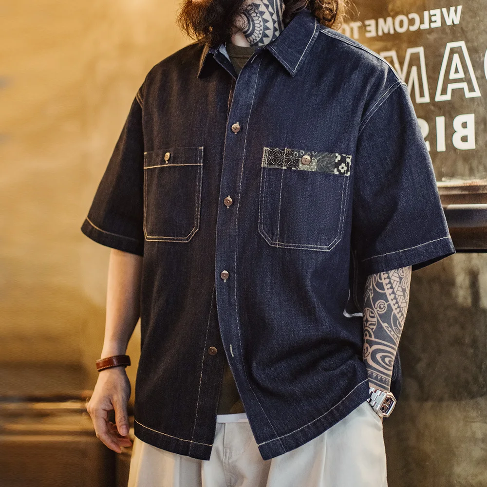 Maden Retro Boro Denim Short Sleeve Shirt Men Summer Indigo Dyed Lapel Single Breasted Casual Overshirt Street Outfits Blouse denim shirt