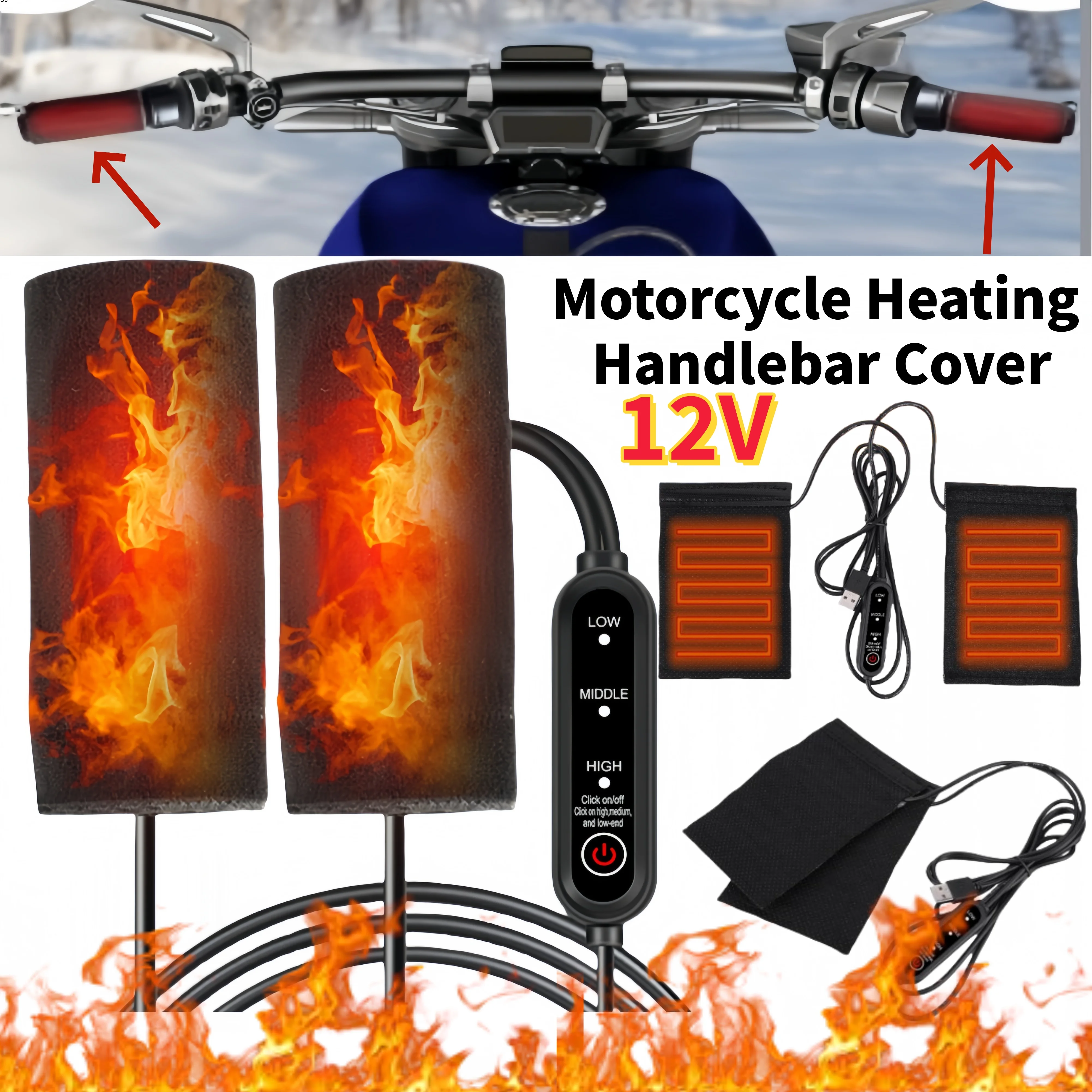 1/2pcs USB Motorcycle Heating Handlebar Cover 3 Gears Electric Heated Handgrips Warmer Anti Slip Heated Handle Cover for Outdoor