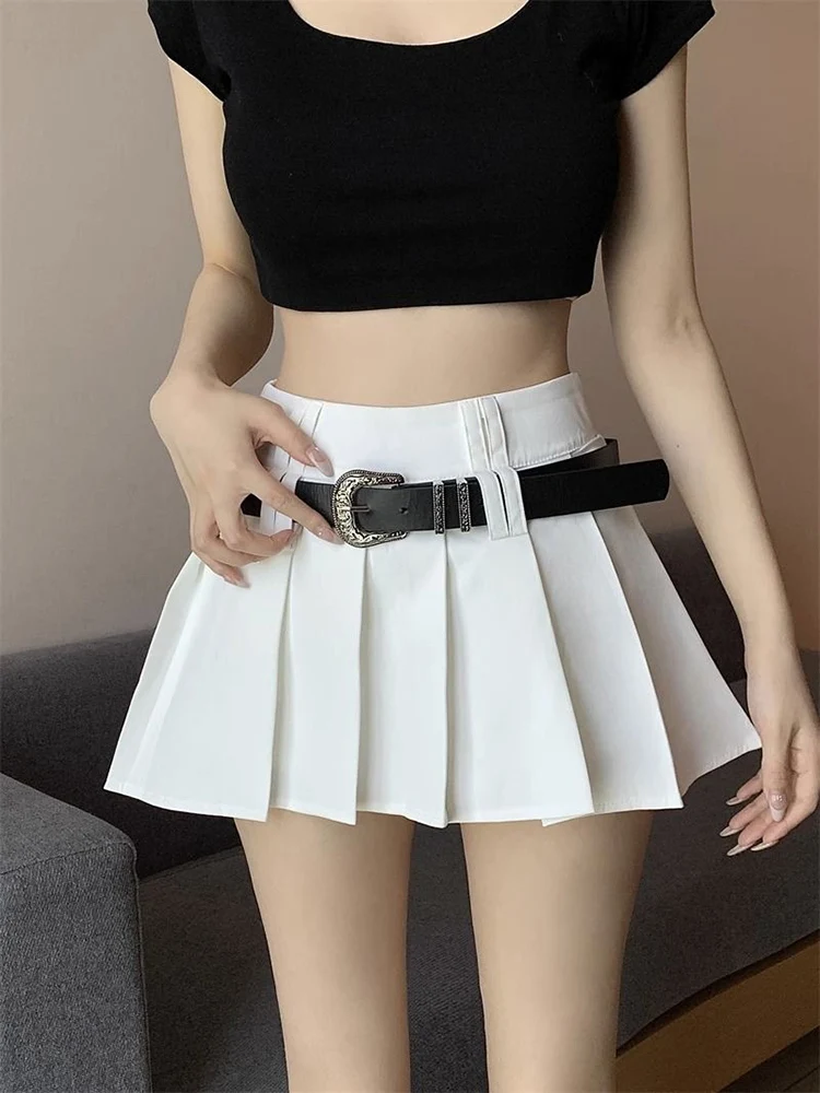 

Jmprs Vintage Belt Pleated Skirt Women High Waist Streetwear Sexy Mini Skirt Summer Casual Korean A Line Female Dance Skirt New