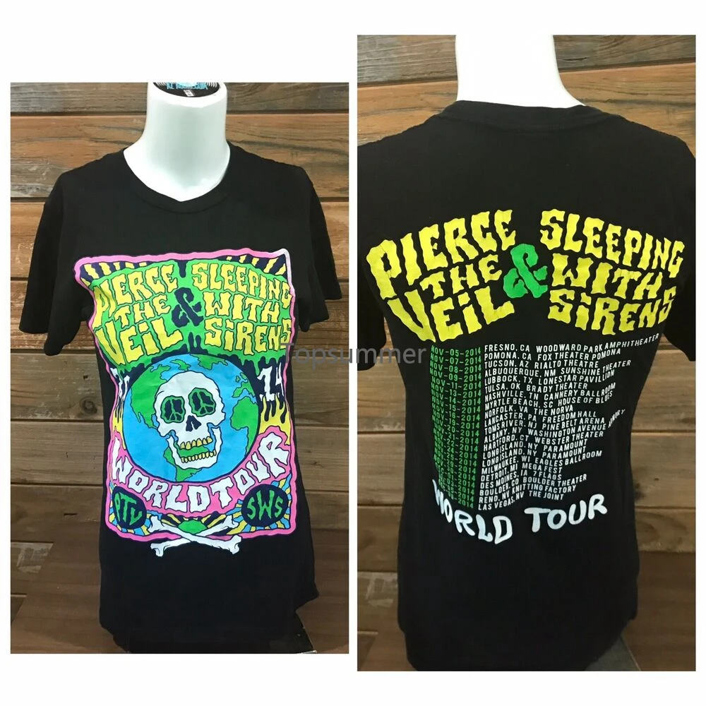 

Pierce The Veil & Sleeping With Sirens T-Shirt 2014 World Tour Band Blk Skull Sm
