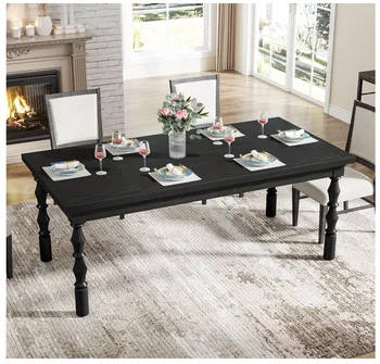 Wood Black Dining Table for 4-6 People, 62” Farmhouse Large Rectangle Kitchen Table, Modern Dinner Table Kitchen & Dining Room 2