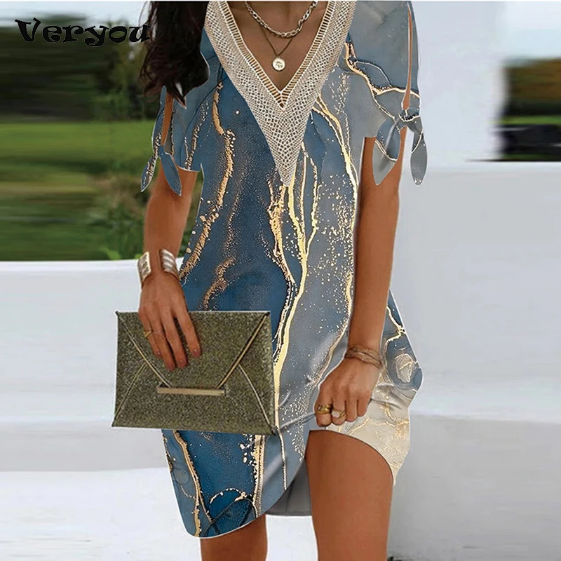 

New Elegant Dresses For Women V Neck Off Shoulder Patchwork Design Casual Mini Dress Printing Loose Beach Holiday Dress 2023