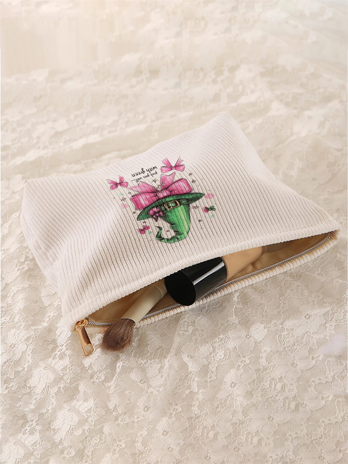 1pc Butterfly Pattern Printed Corduroy Makeup Bag, Lightweight Zipper Makeup Storage Box, Multi functional Bag with Lining