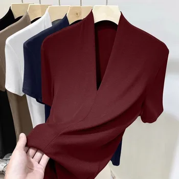 Threaded New Short Sleeved Top for Women Summer Fashion Versatile Base Shirt Plus Size Slim Fit V-neck T-shirt Casual and Sexy 1