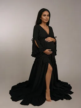 Black Maternity Photoshoot Dress Goth Christmas Clothing V Neck Stretch Waist Medieval Masquerade Dress For Pregnancy Photo Prop