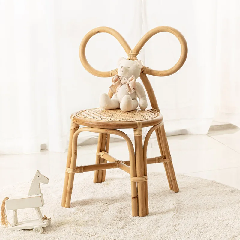 Cute Woven Rattan Chair with Bow Kids Dining Chair Children&rsquo;s Wicker Seat Natural Lightweight Baby for Boys Girls