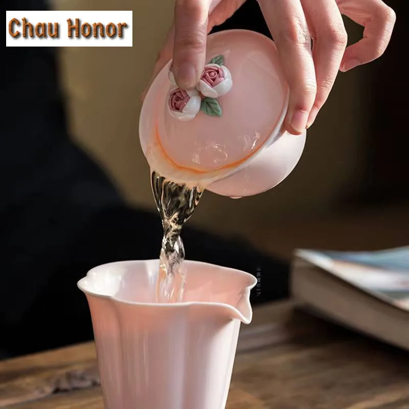 100ml Jade Mud Powder Hand Pinching Flowers Sancai Covered Bowl Ceramic Household Tea Bowl Kung Fu Tea Set Infuser Accessories