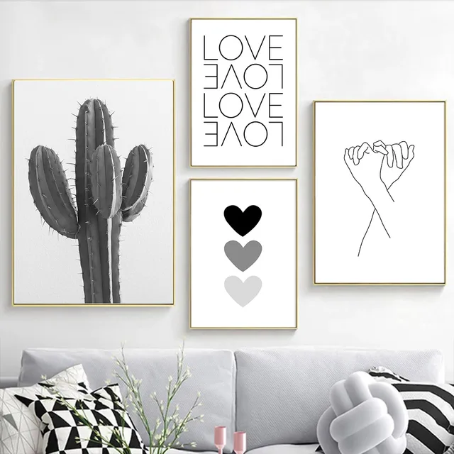 Black And White Cactus Love Hearts Canvas Painting Hand In Hand Poster Minimalist Quotes Decor Modern Wall Art Prints Home Decor 3