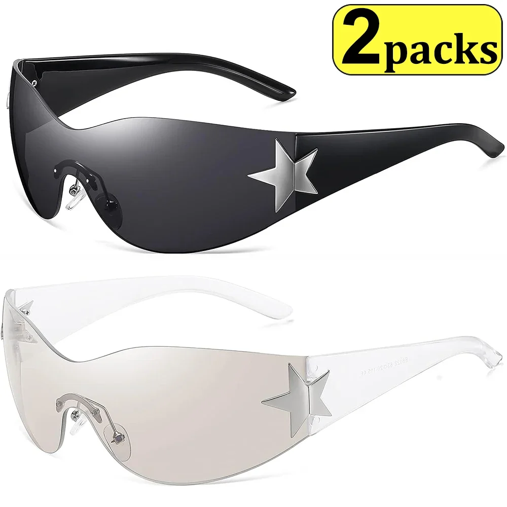 Lunettes De Soleil Futuristes Sans Monture - Lot De 2 Paires (noir Et Argent) Avec étuis Et Chiffons