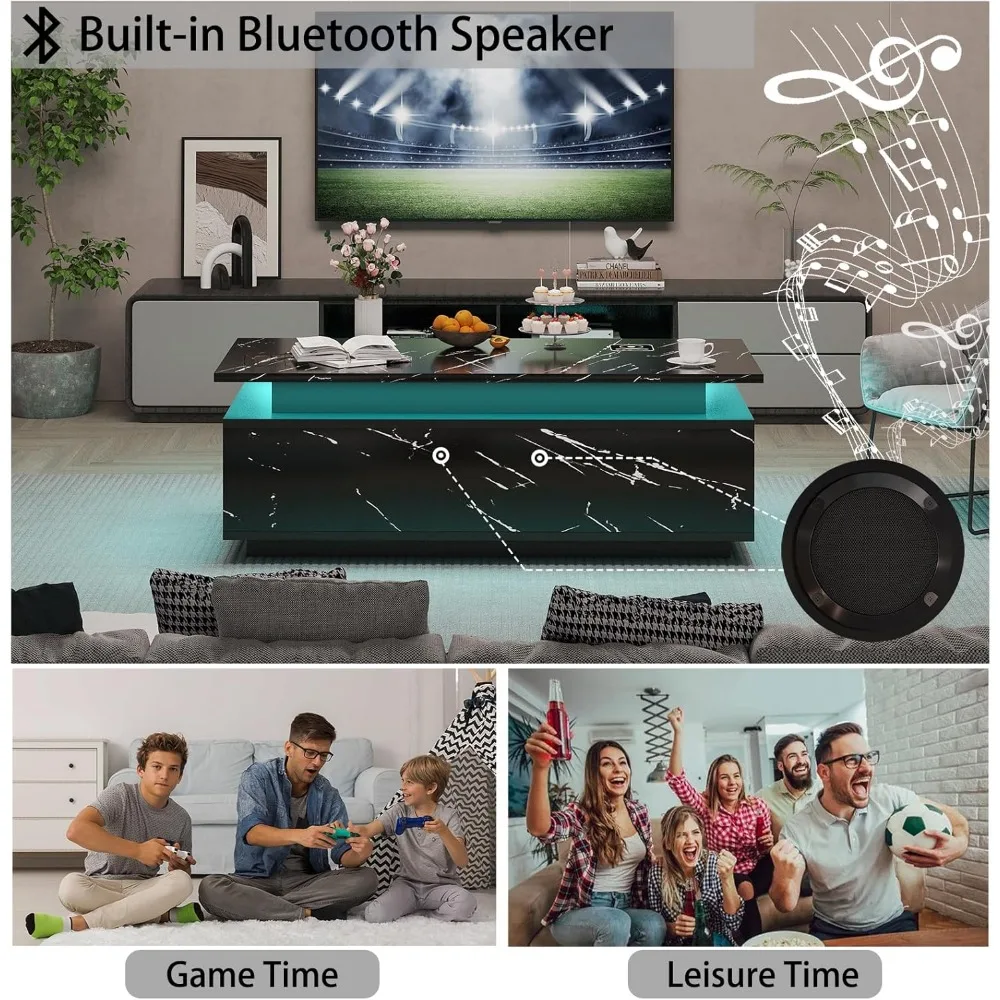LED Coffee Table with Storage, with Wireless Charging and Speaker, High Glossy Modern Center Table with 24 Color LED Lights 6