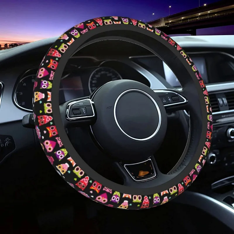 

Cartoon Owl Design Universal 15 Inch Steering Wheel Covers Breathable Anti Slip For Women Men Neoprene Car Decor Accessories